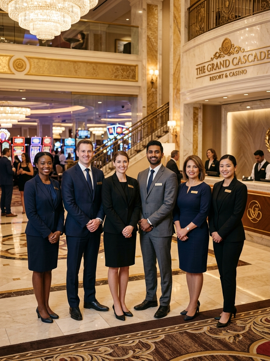 Aurelius Grand hospitality team standing in the resort lobby
