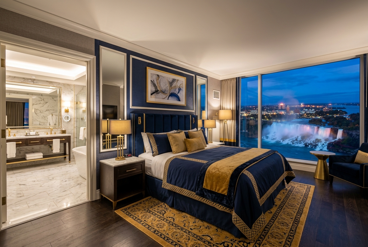 Deluxe Falls View King Room with panoramic window overlooking Niagara Falls