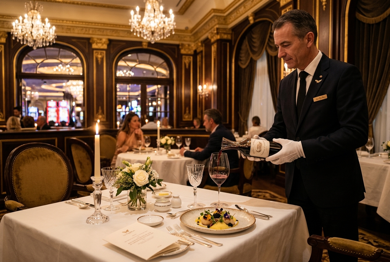 Sommelier presenting fine wine in the Corinthian Room restaurant