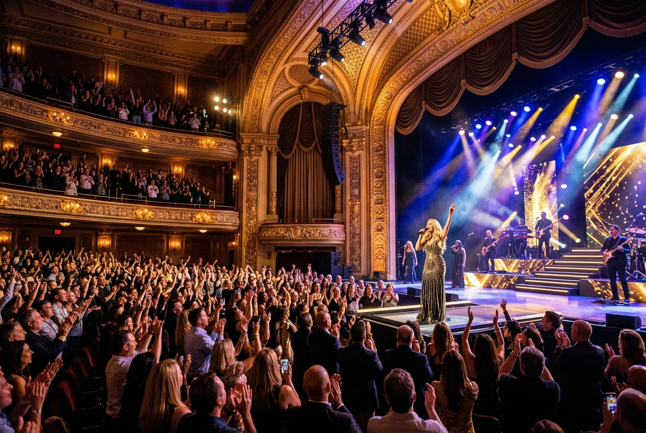 World-class performer on stage at the Aurelius Grand Theatre with standing ovation crowd