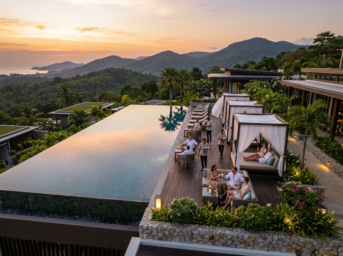 Infinity rooftop pool with cabanas and panoramic landscape views at golden hour