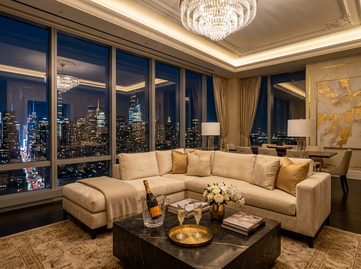 Aurelius Grand Suite living room with panoramic city views and premium furnishings