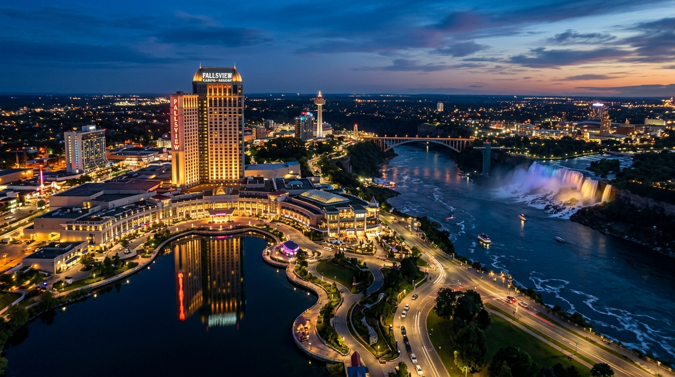 Aurelius Grand Resort & Casino illuminated at dusk with Niagara Falls in the background
