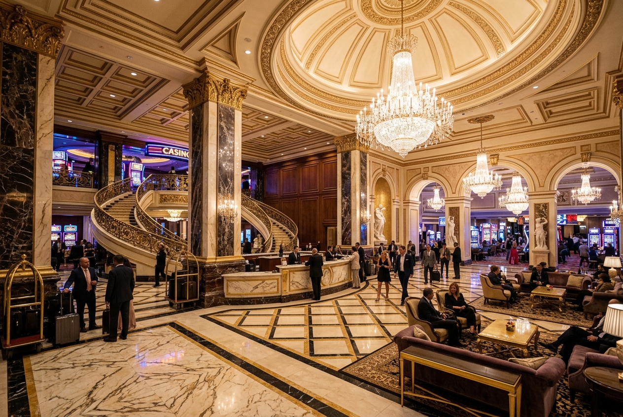 Grand marble lobby of Aurelius Grand Resort with sweeping staircase and crystal chandeliers