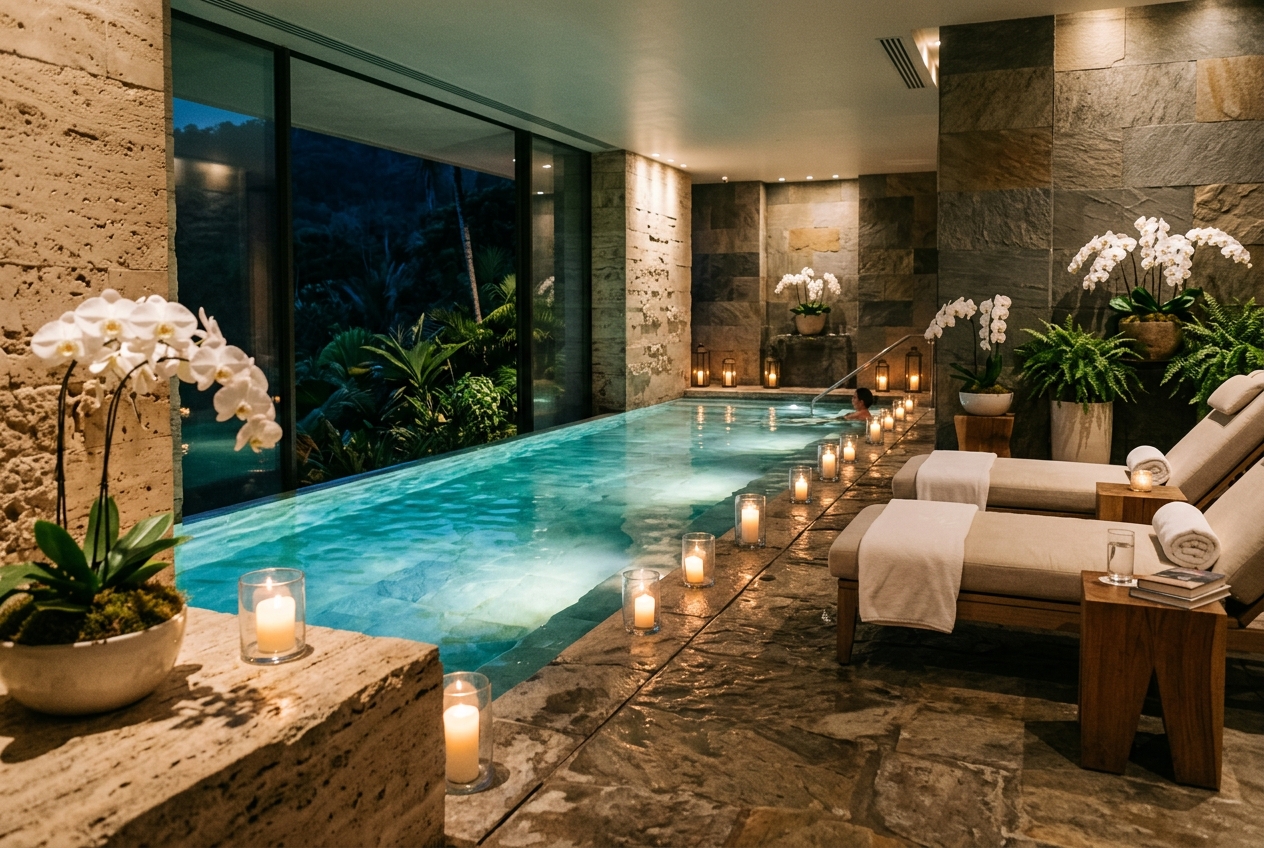 Aurum Spa indoor pool with candlelight, orchids and relaxation loungers